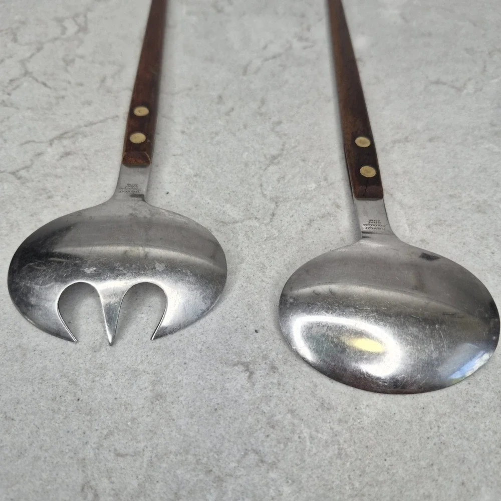 Vintage NEVCO Stainless Steel Japanese Teak Wood‎ Spoon & Fork Salad Serving Set